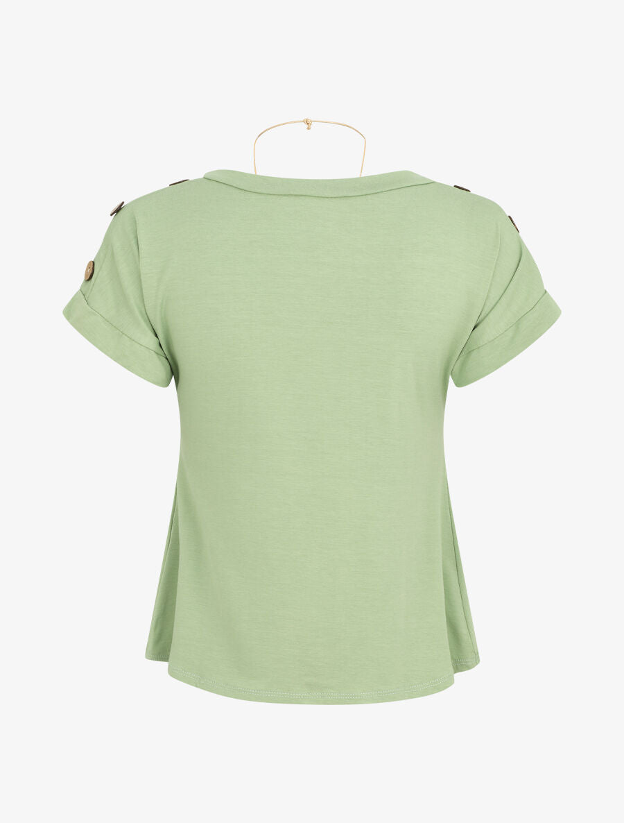 T-shirt uni manches courtes à boutons - Vert amande - 2