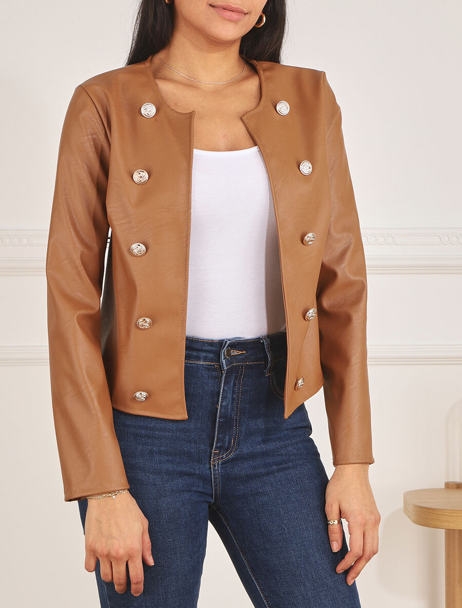 Veste droite boutonnée en simili - Camel - 4