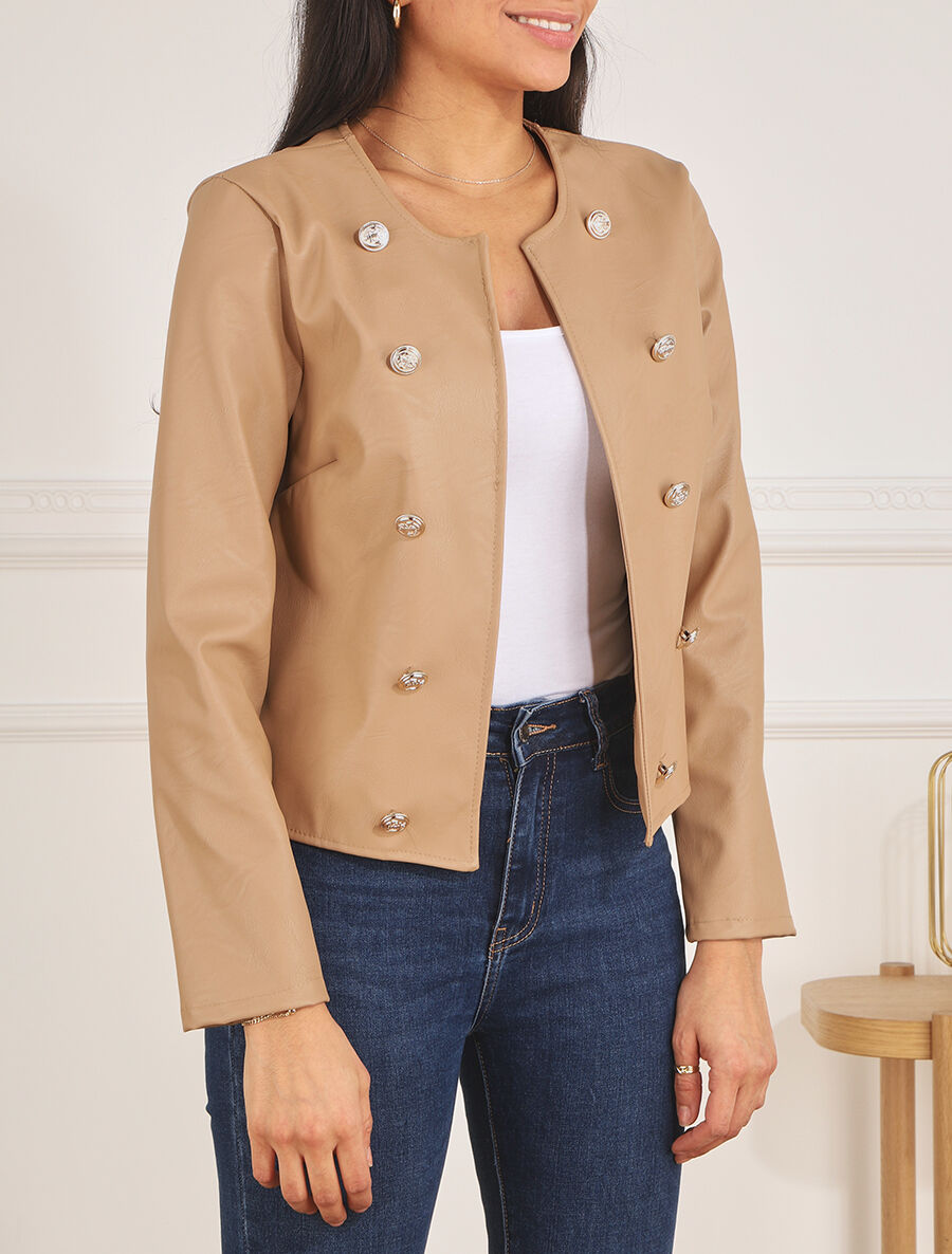 Veste droite boutonnée en simili - Beige - 4