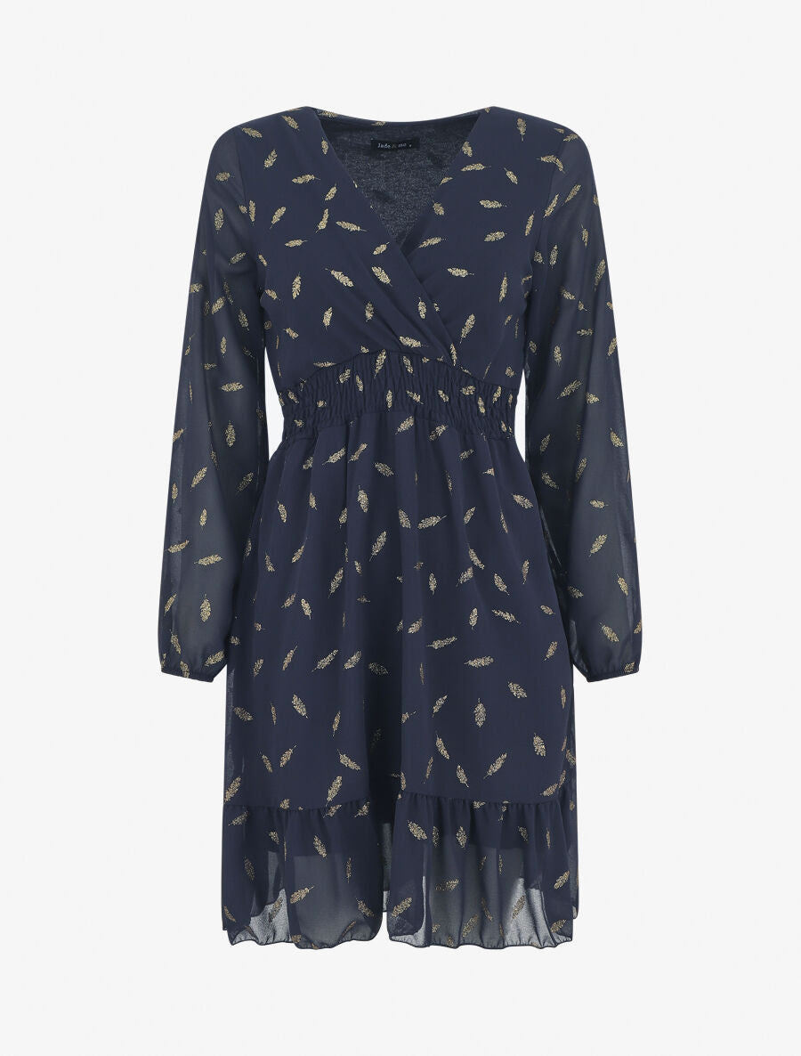 Robe courte manches longues à plumes paillettes - Marine - 1