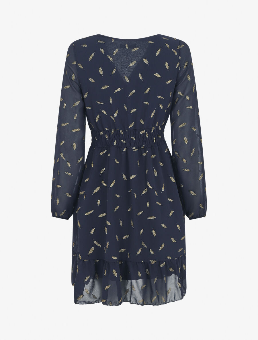 Robe courte manches longues à plumes paillettes - Marine - 2