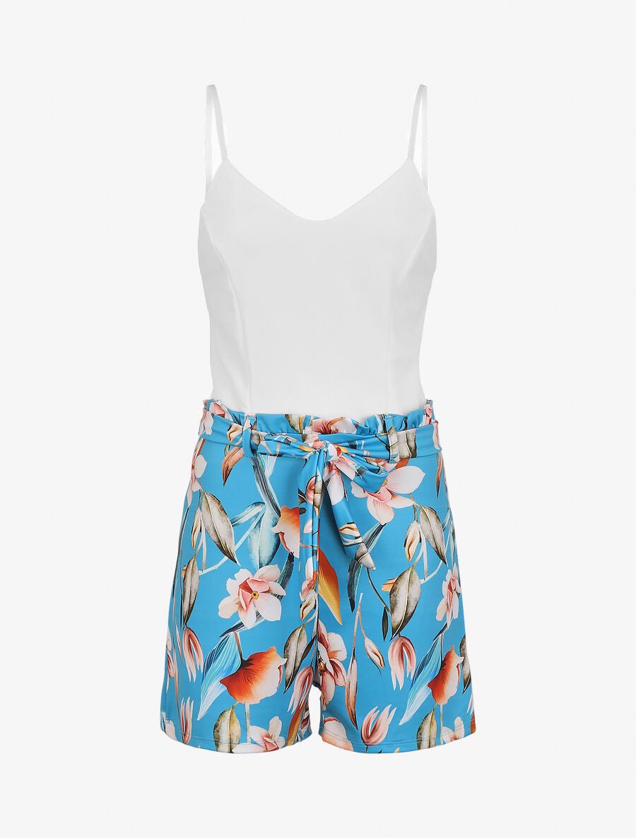 Combishort imprimé floral ceinturée - Turquoise - 1
