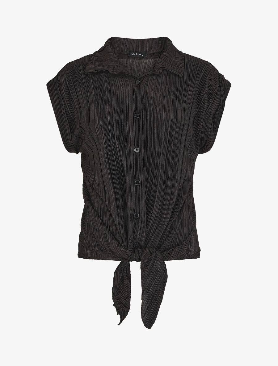 Chemise plissée à noeud et manches courtes - Noir - 4