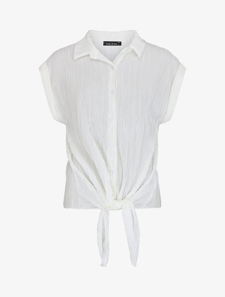 Chemise plissée à noeud et manches courtes - Blanc - 1