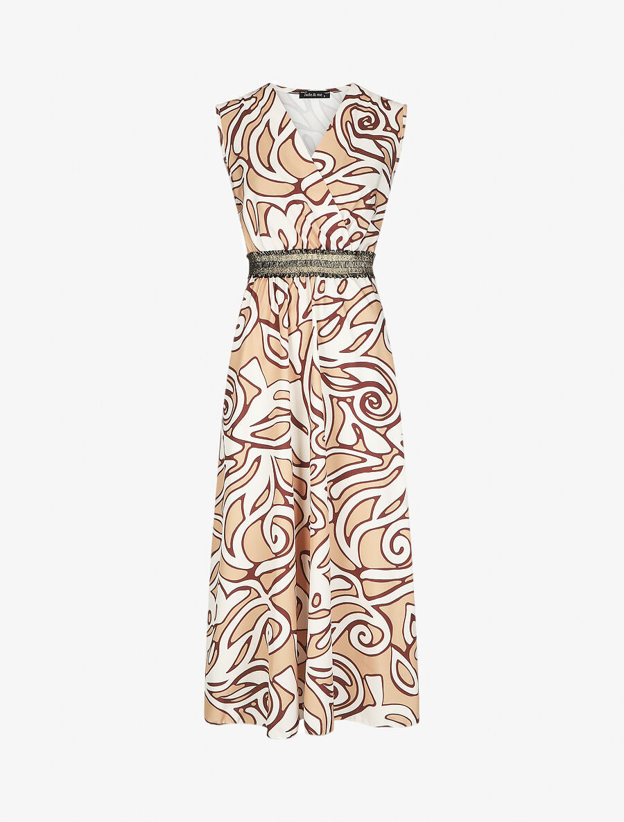 Robe longue imprimé graphique à taille élastiquée irisée - Camel - 1