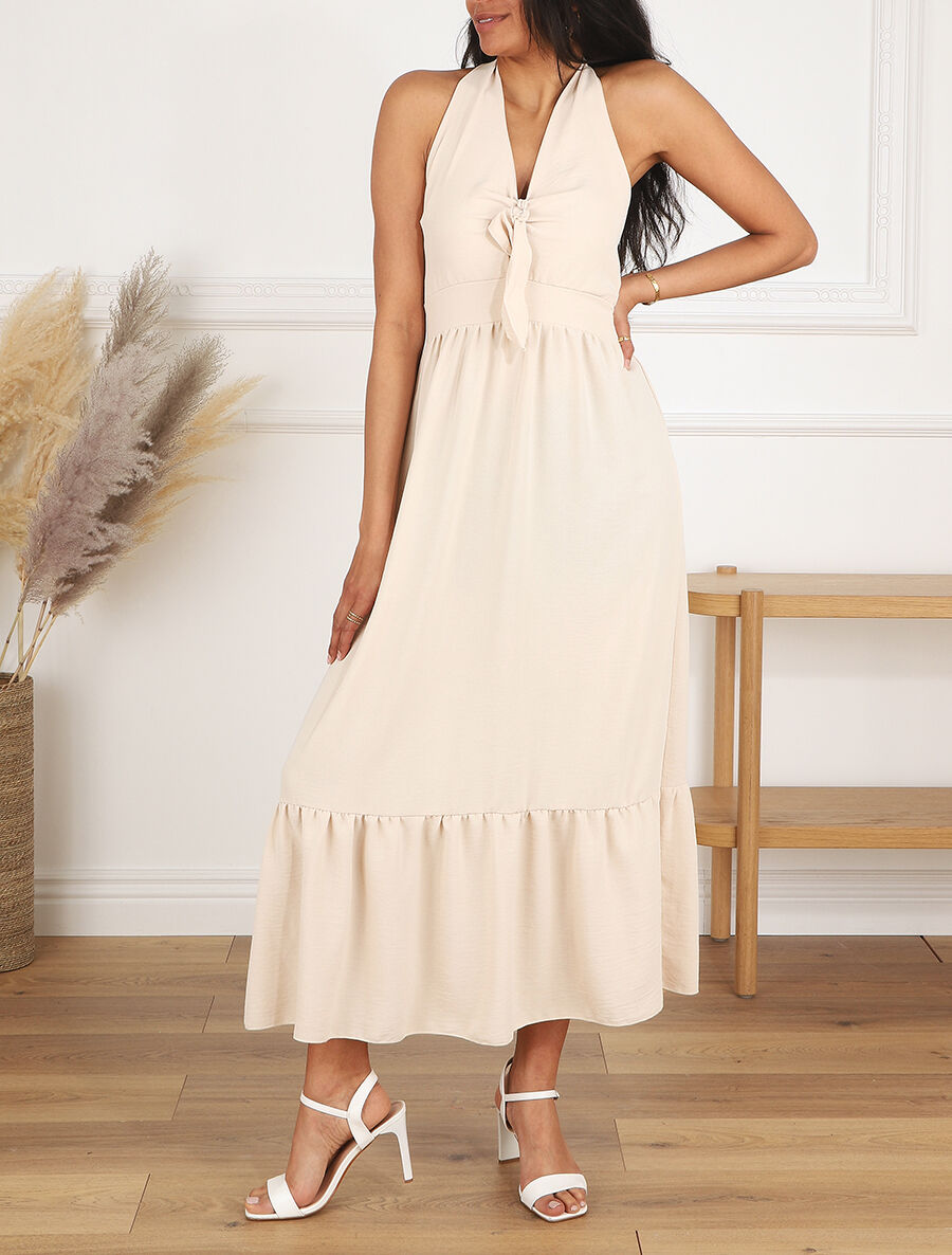 Robe longue unie dos nu - Beige - 4
