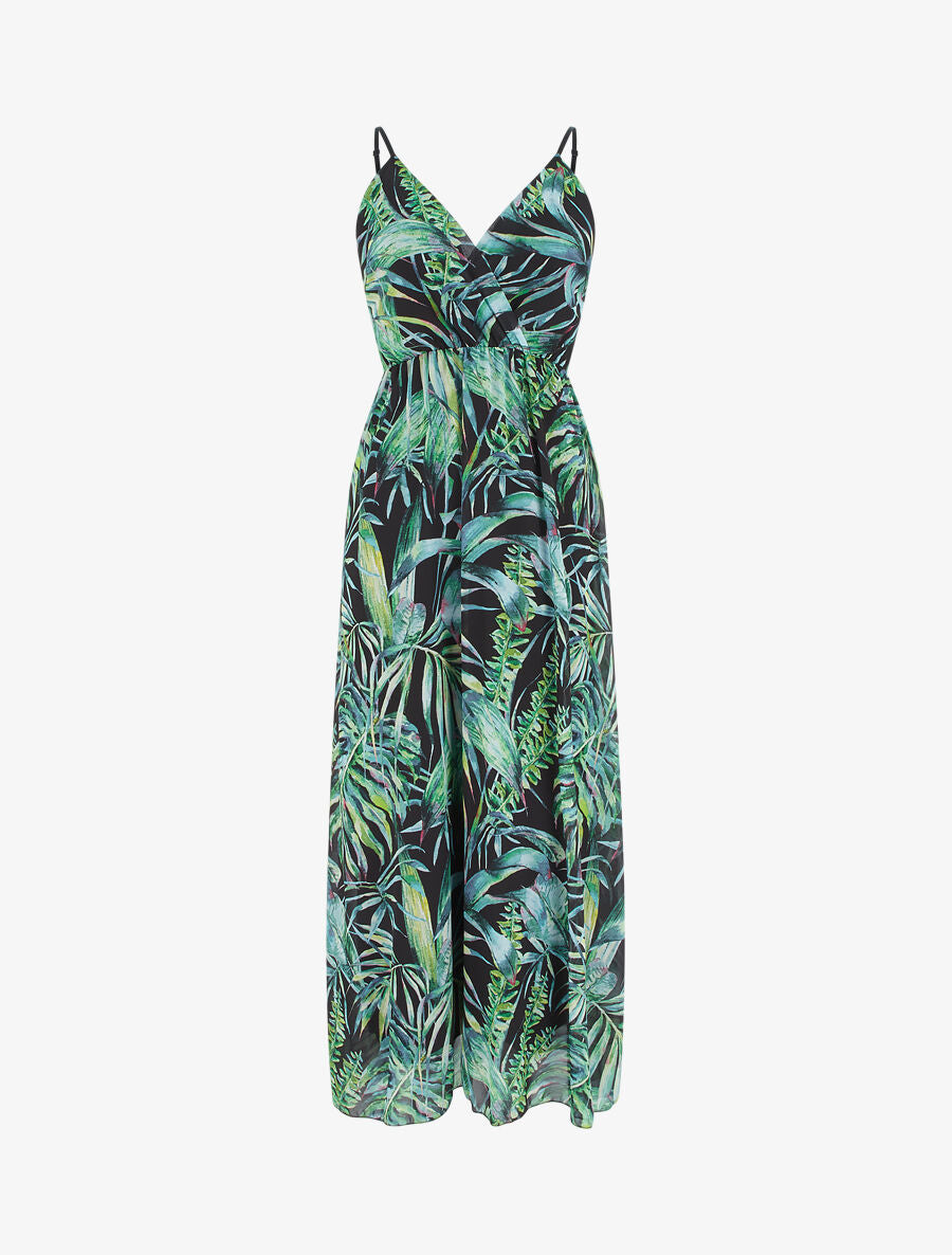 Robe longue à imprimé feuilles - Noir - 1