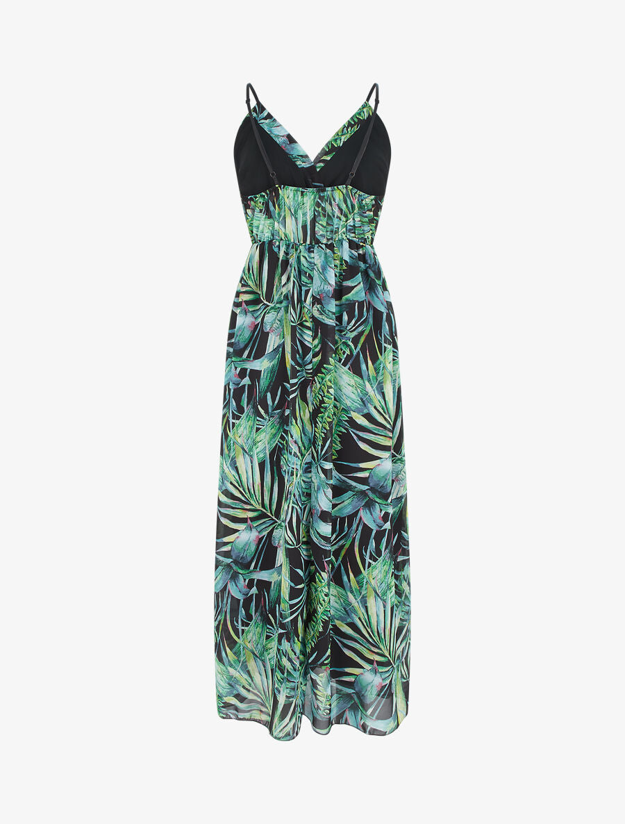Robe longue à imprimé feuilles - Noir - 2