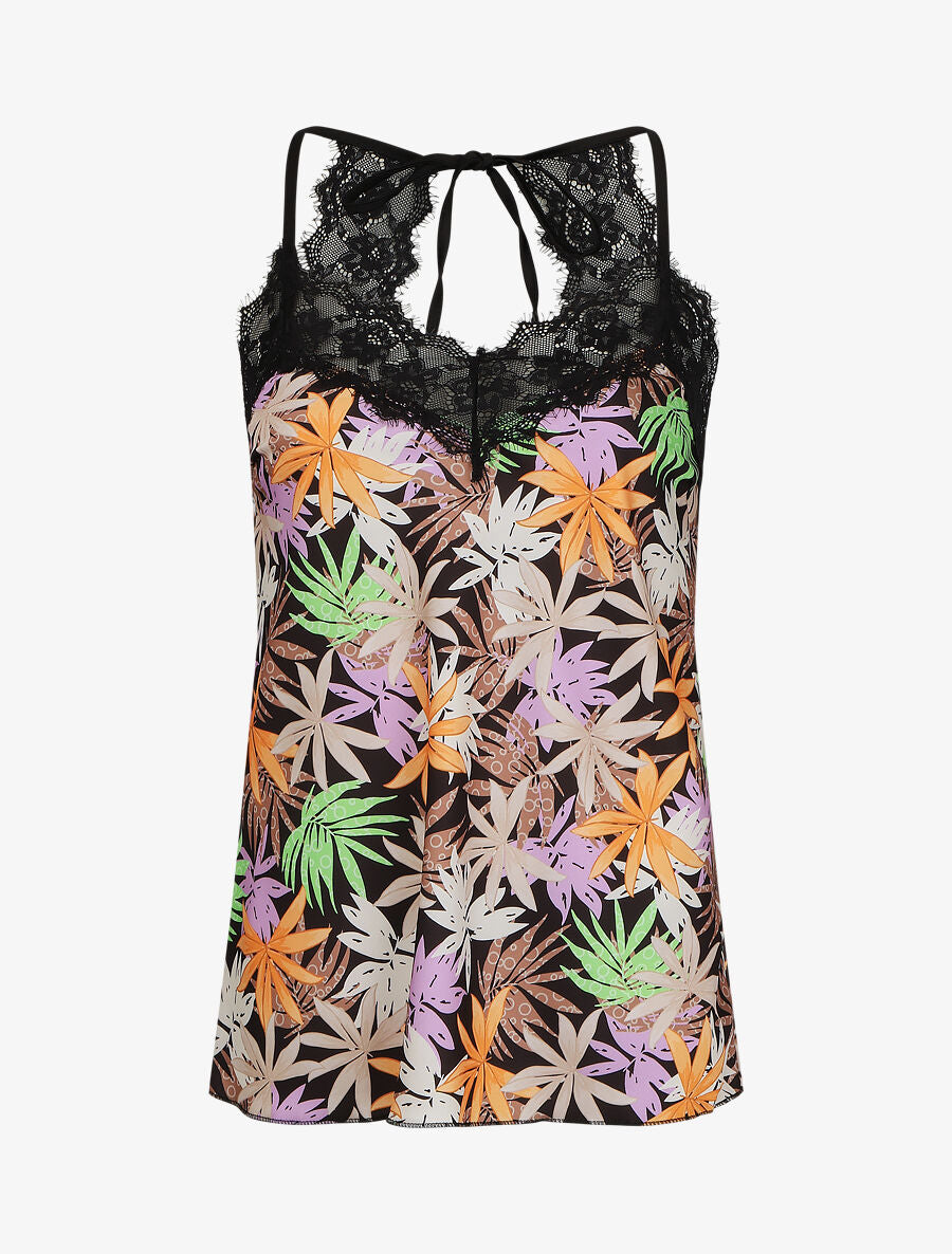 Caraco dentelle imprimé feuilles fantaisies - Noir - 1