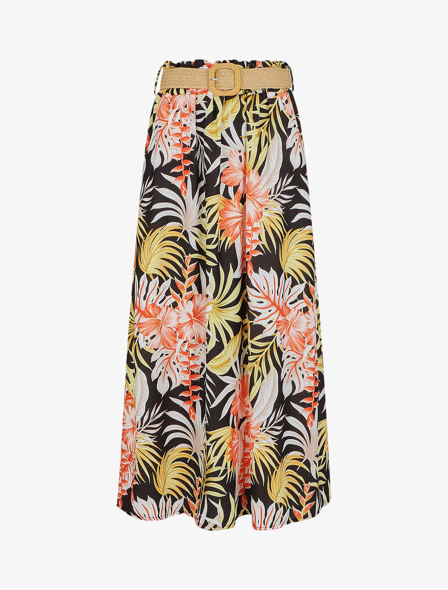 Jupe longue taille haute imprimé tropical - Noir - 5