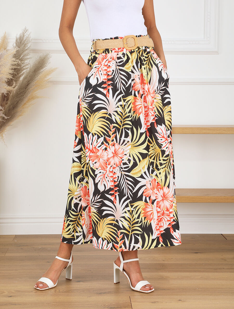 Jupe longue taille haute imprimé tropical - Noir - 4