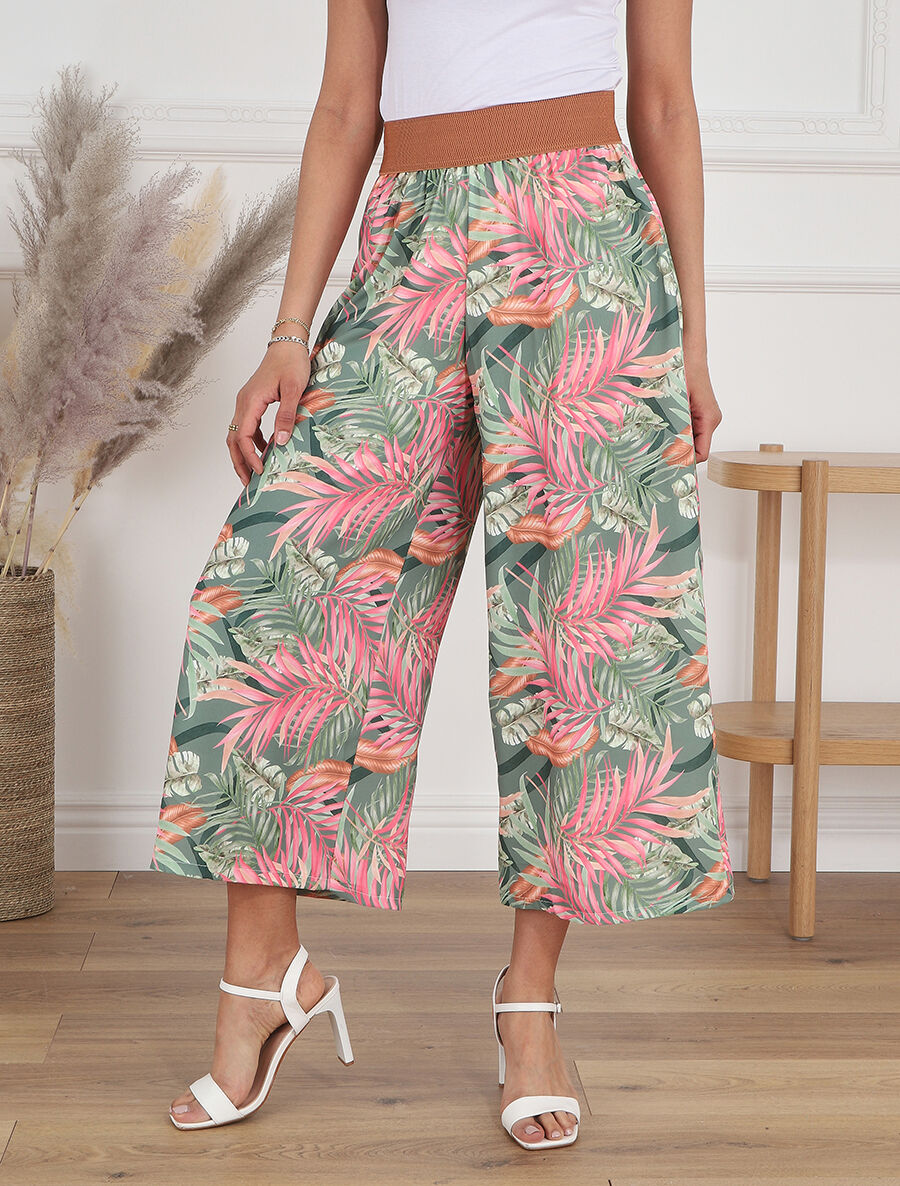Pantalon à taille haute style corset imprimé tropical - Kaki - 4