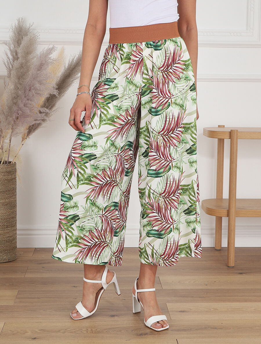 Pantalon à taille haute style corset imprimé tropical - Blanc - 4