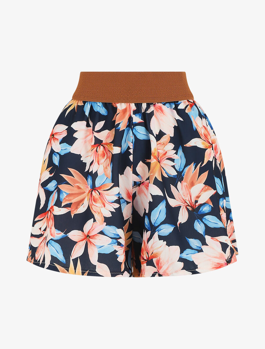 Short imprimé fleurs à taille haute - Marine - 1