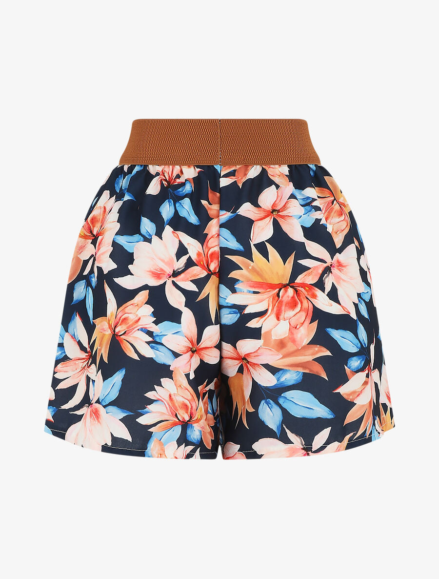 Short imprimé fleurs à taille haute - Marine - 2
