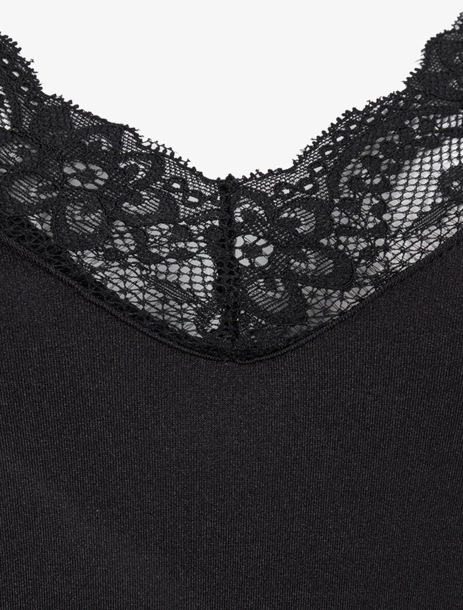 Body satiné à col en dentelle - Noir - 3