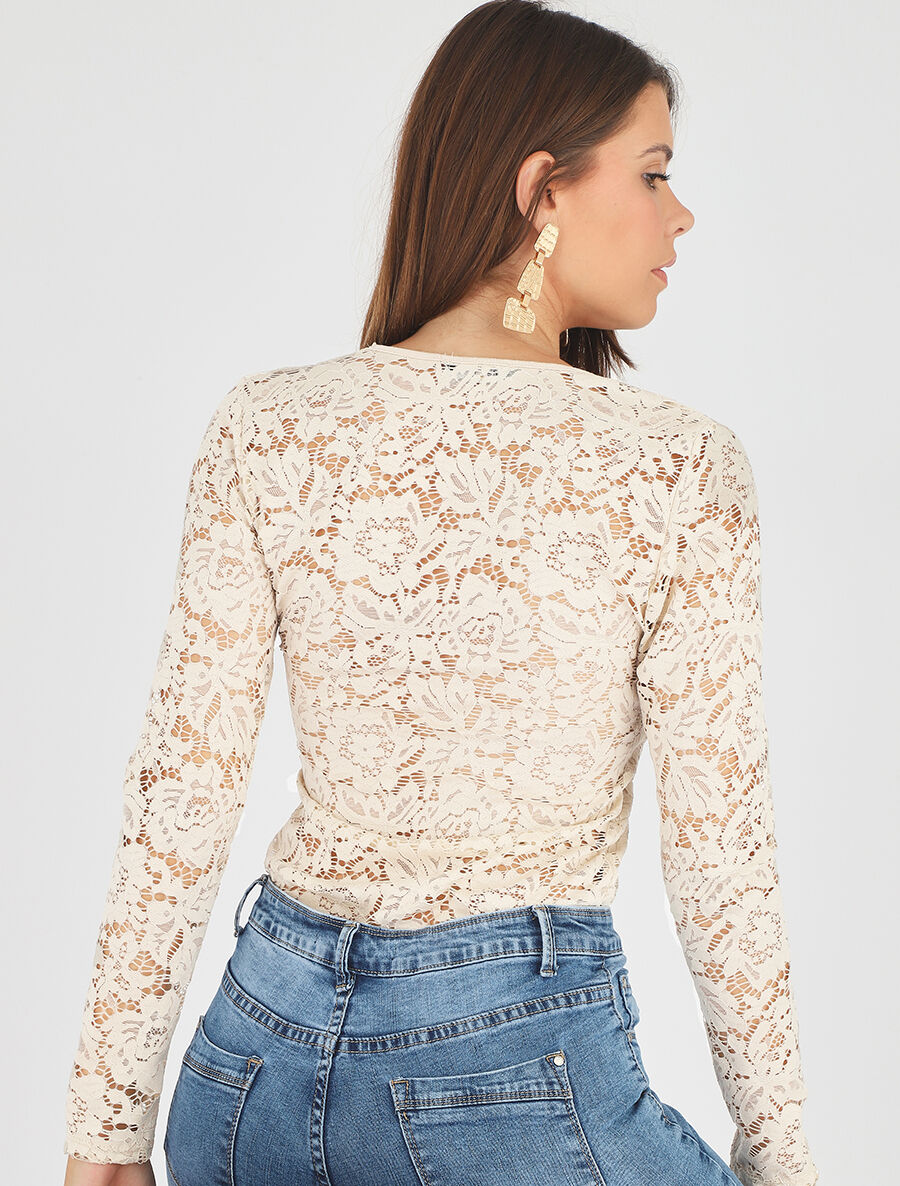Body en dentelle à manches longues - Beige - 6