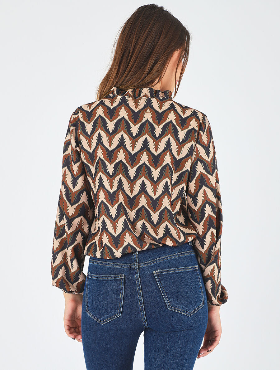 Top col volanté imprimé fantaisie - Noir - 5