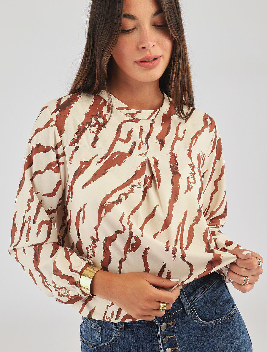 Top col montant imprimé marbré - Beige - 4