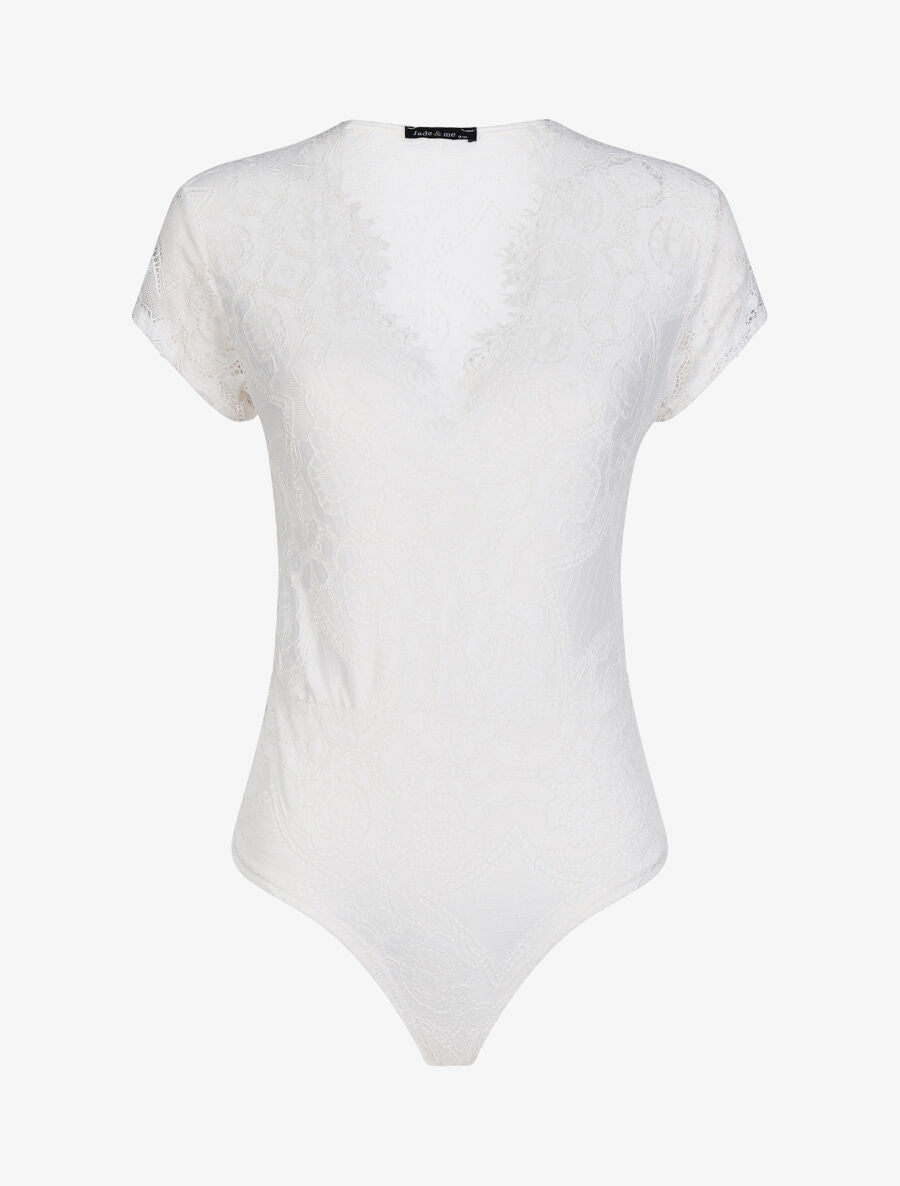 Body en dentelle à manches courtes - Blanc - 1
