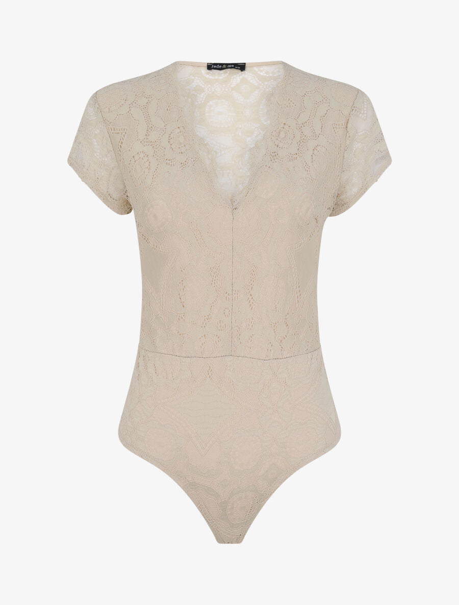Body en dentelle à manches courtes - Beige - 1
