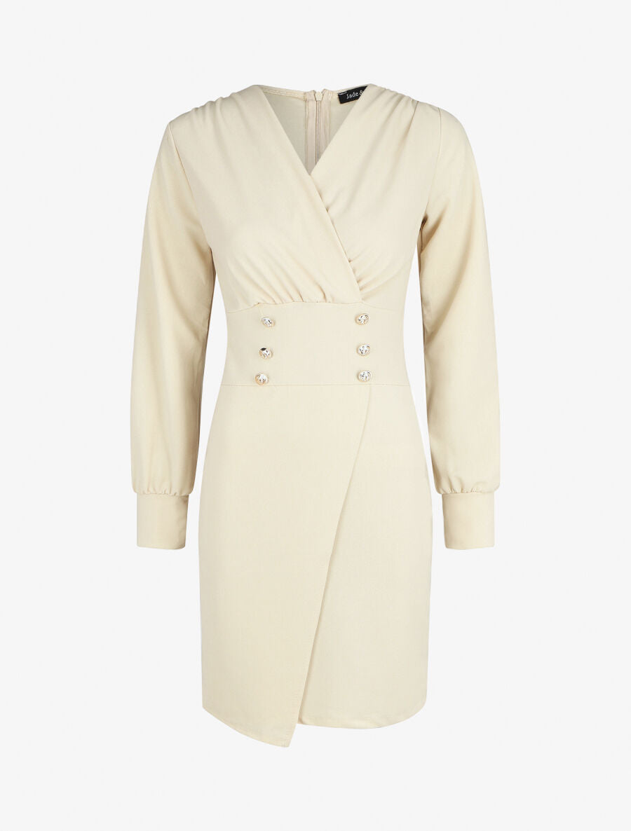 Robe courte ajustée à manches longues - Beige - 1