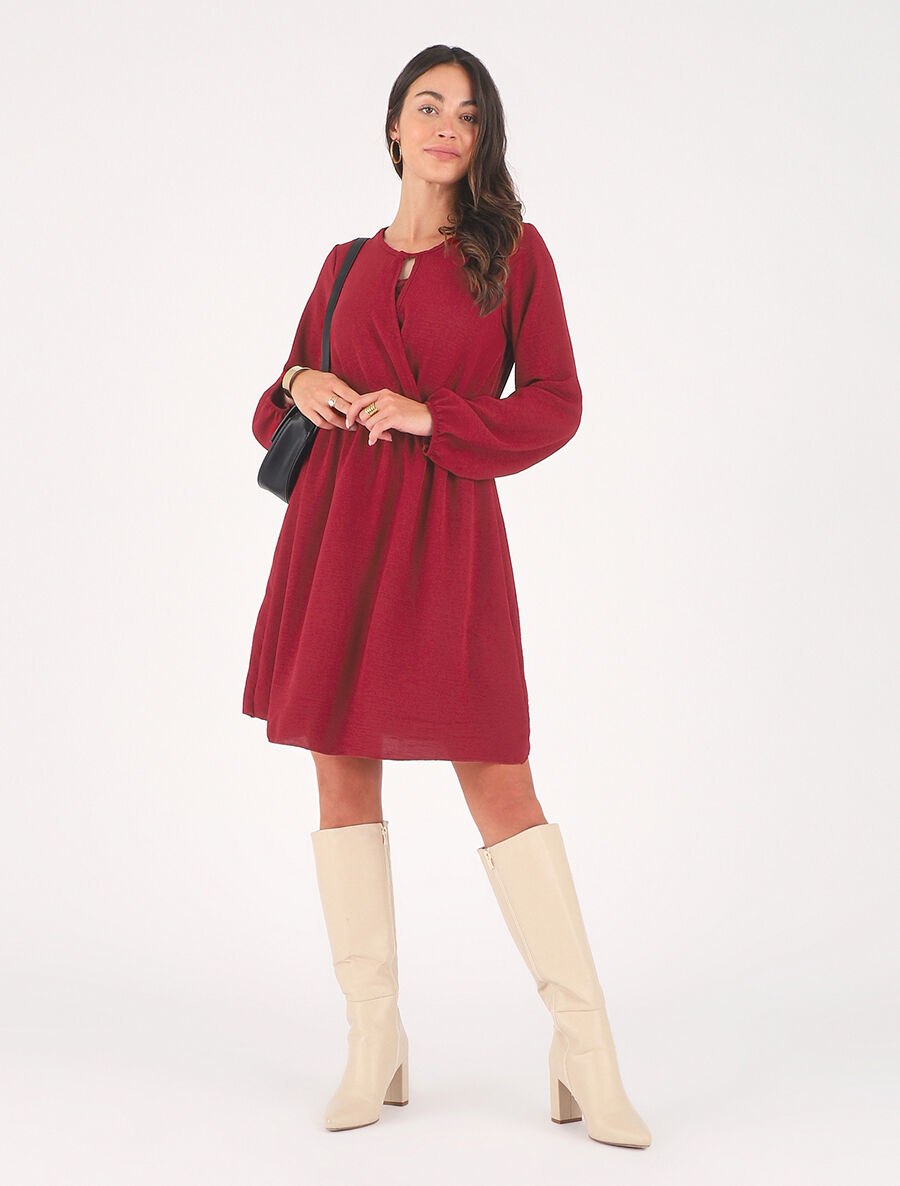 Robe courte évasée col à dentelle - Rouge - 4