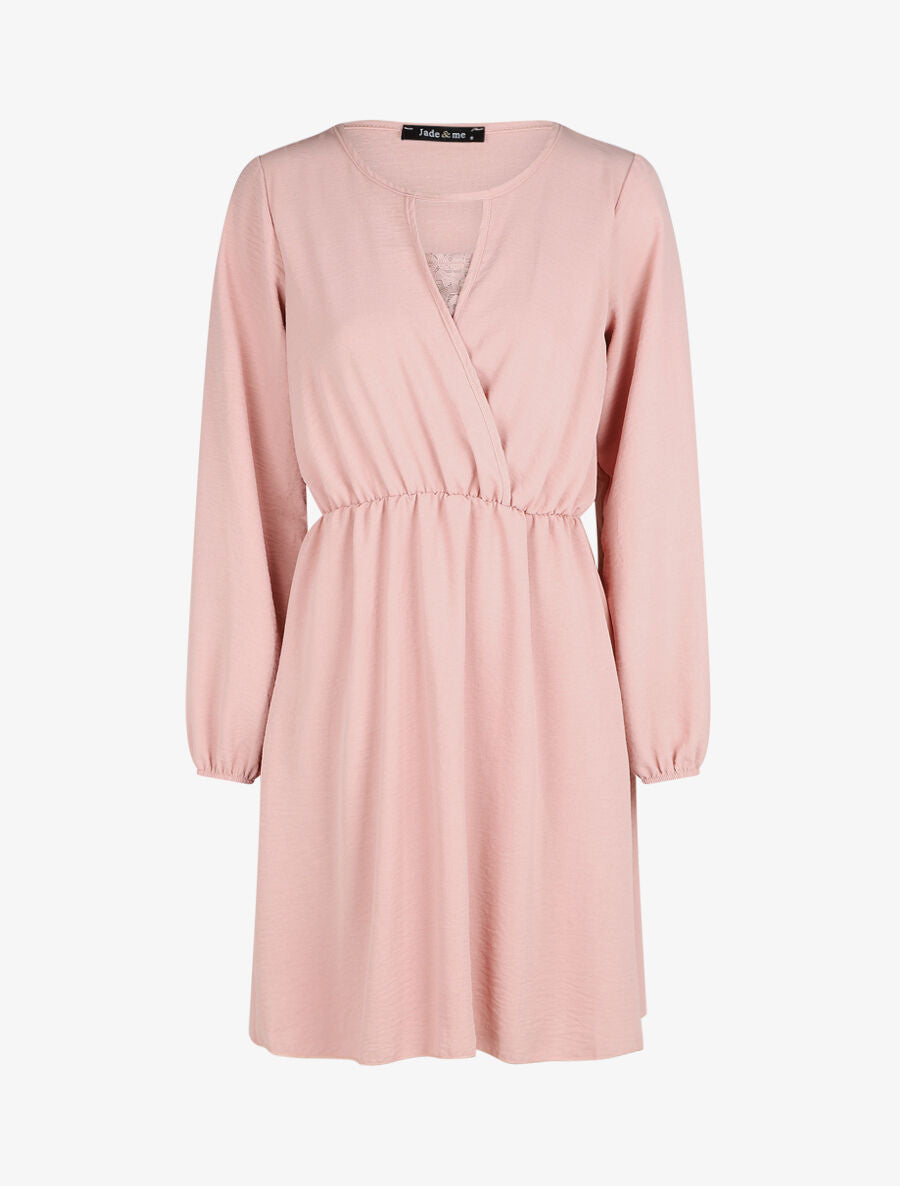 Robe courte évasée col à dentelle - Rose - 1