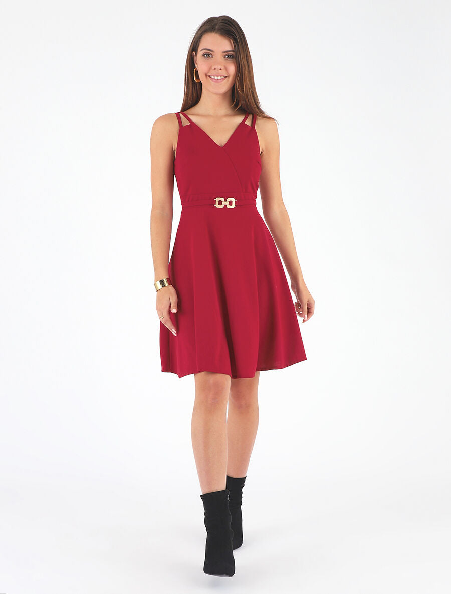 Robe droite à empiècement métal - Rouge - 4