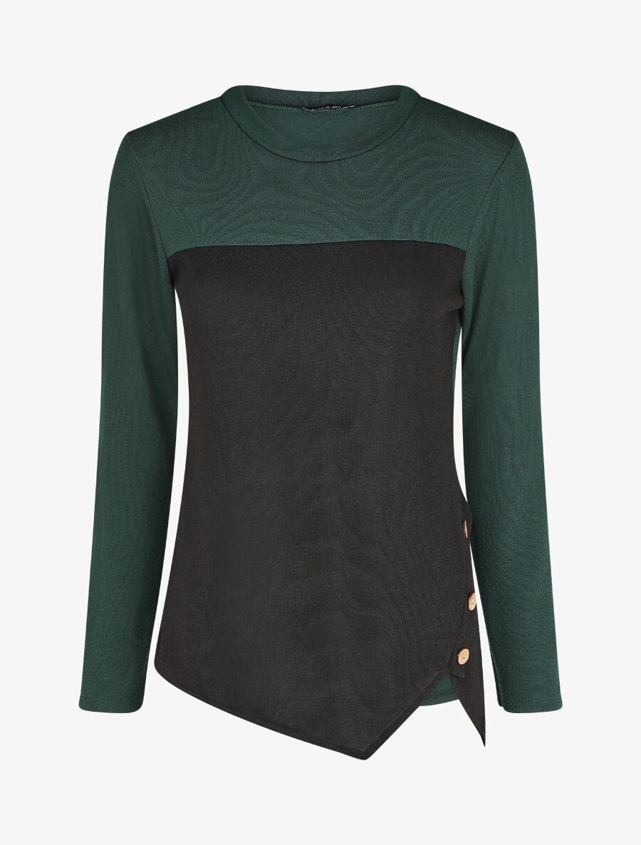 Pull droit bicolore à bords asymétrique - Vert foncé - 1