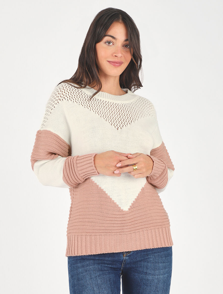Pull droit à motif en V - Rose - 4