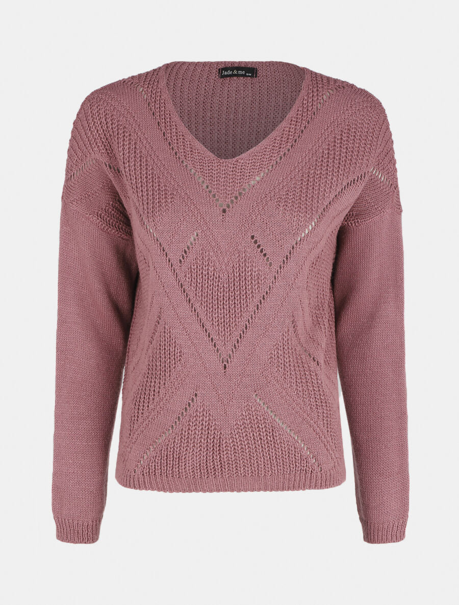 Pull droit col V uni - Vieux rose - 1
