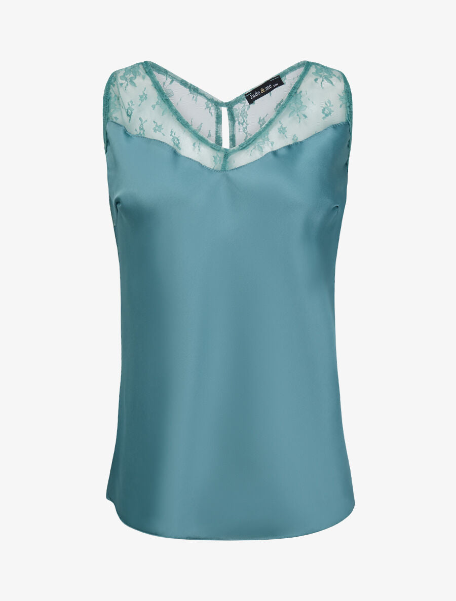 Top satiné à épaules en dentelle - Bleu clair - 1