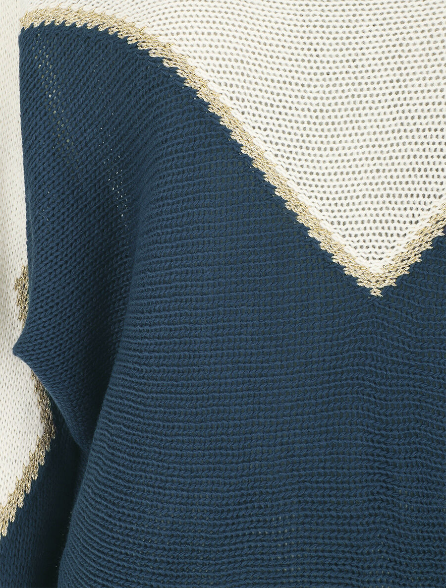 Pull loose col bateau et motif en V - Blanc/bleu - 3