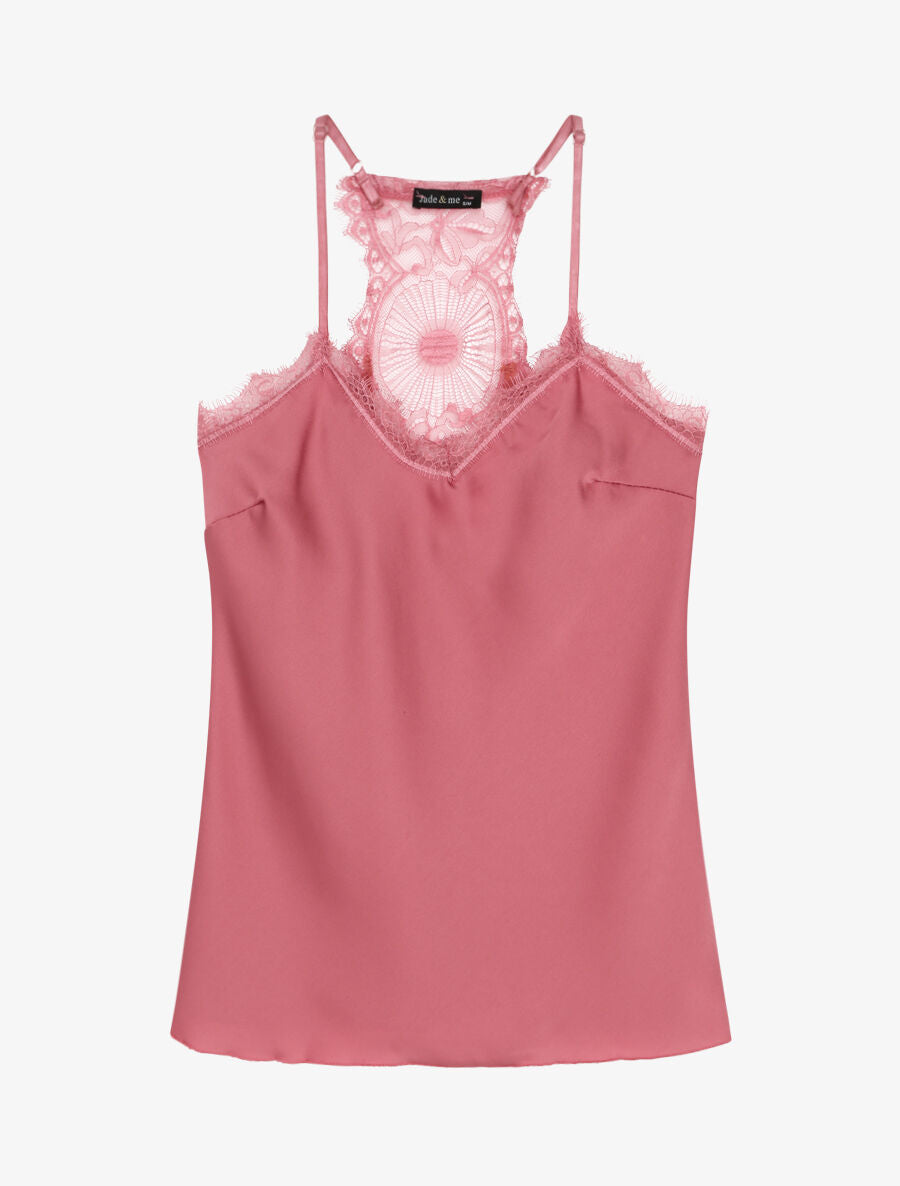 Caraco satiné à dos nageur en dentelle stylisée - Vieux rose - 4