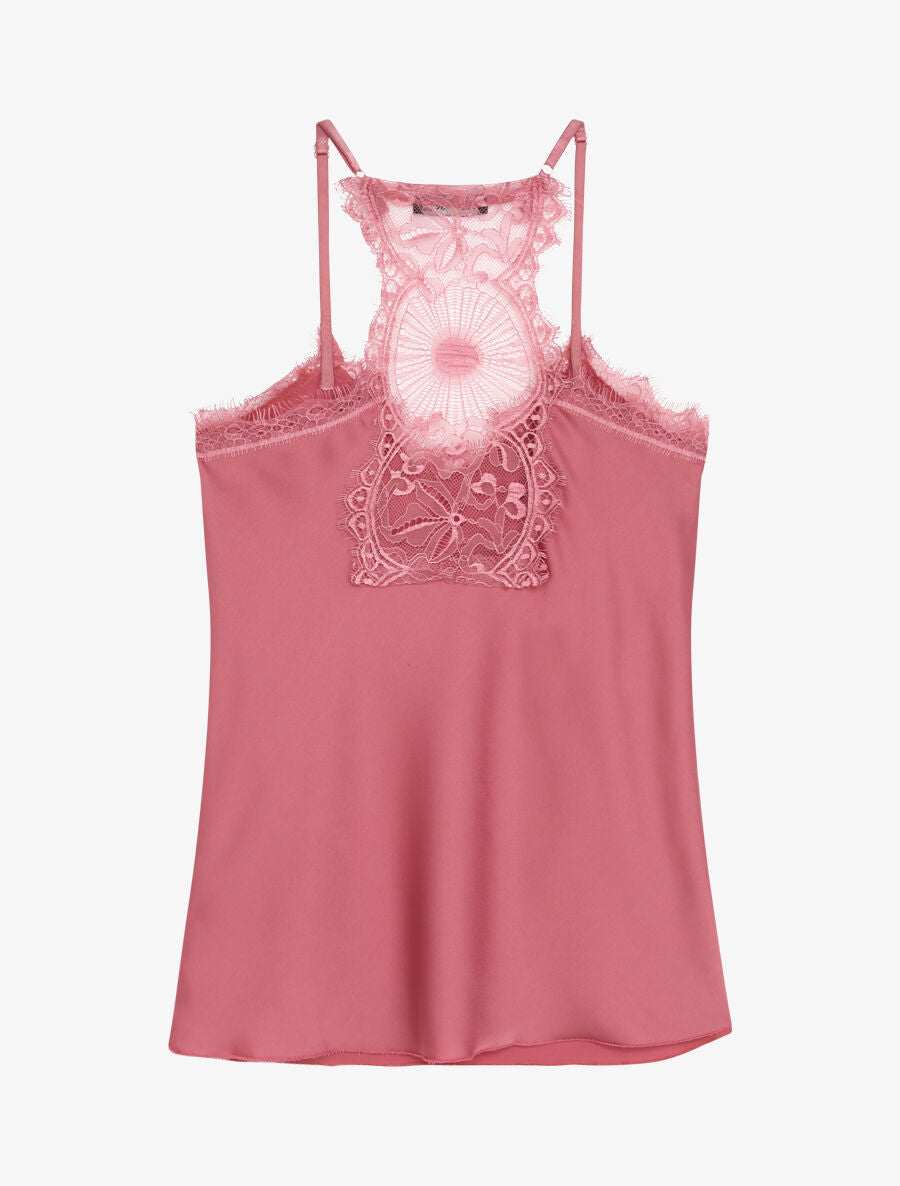 Caraco satiné à dos nageur en dentelle stylisée - Vieux rose - 2