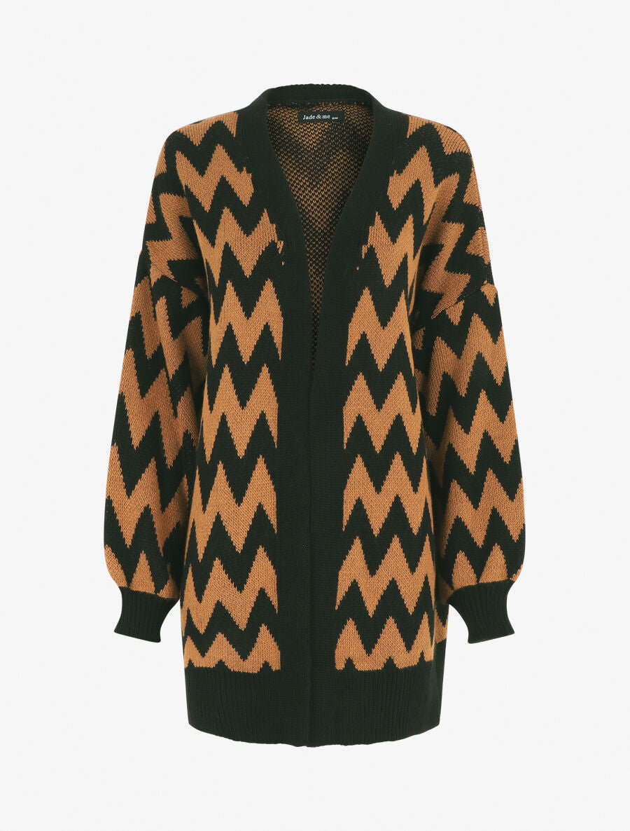 Gilet oversize mi-long motif zigzag - Camel/noir - 4