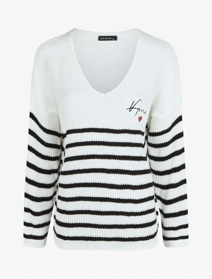 Pull marinière droit motif coeur - Noir - 4