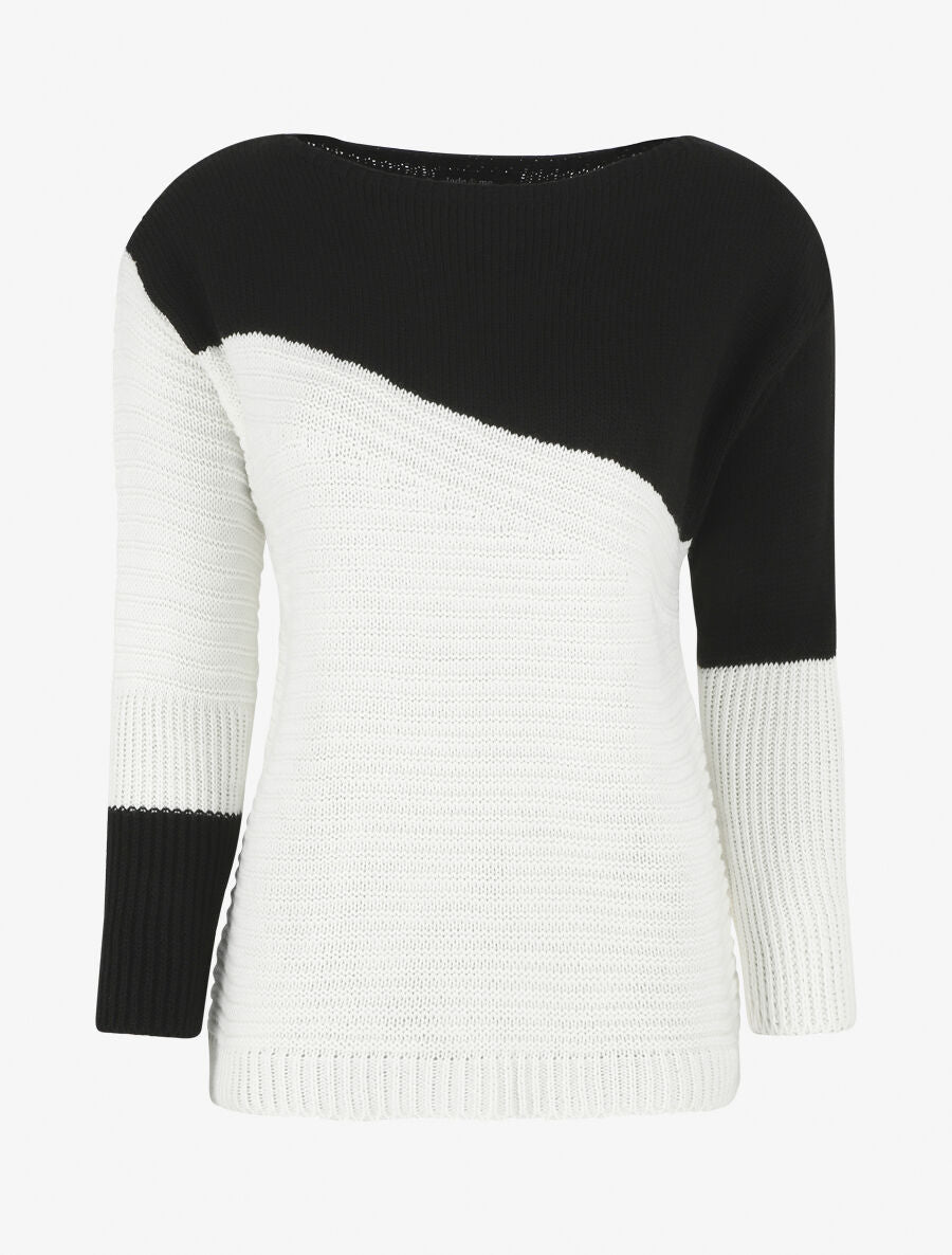 Pull droit texturé col bateau - Noir - 1