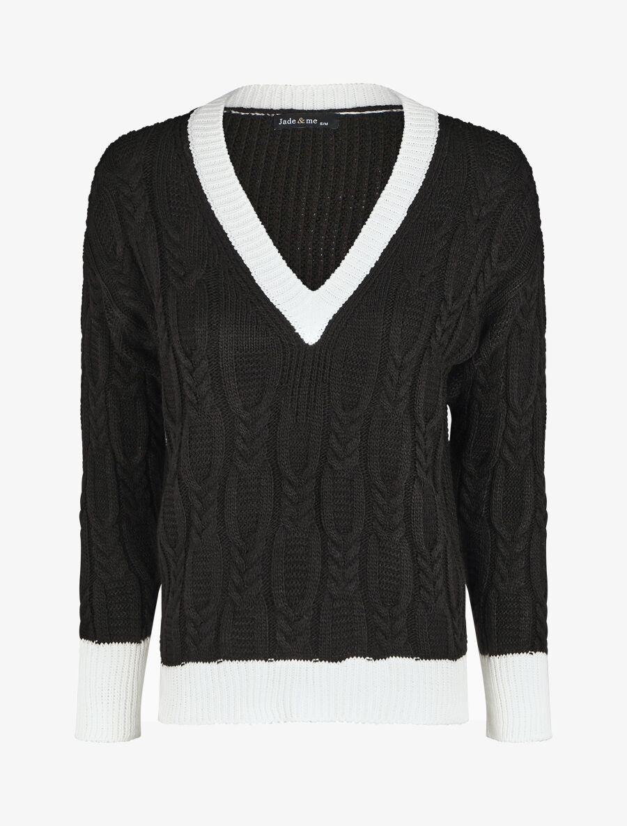 Pull droit col V en maille tressée - Noir - 1