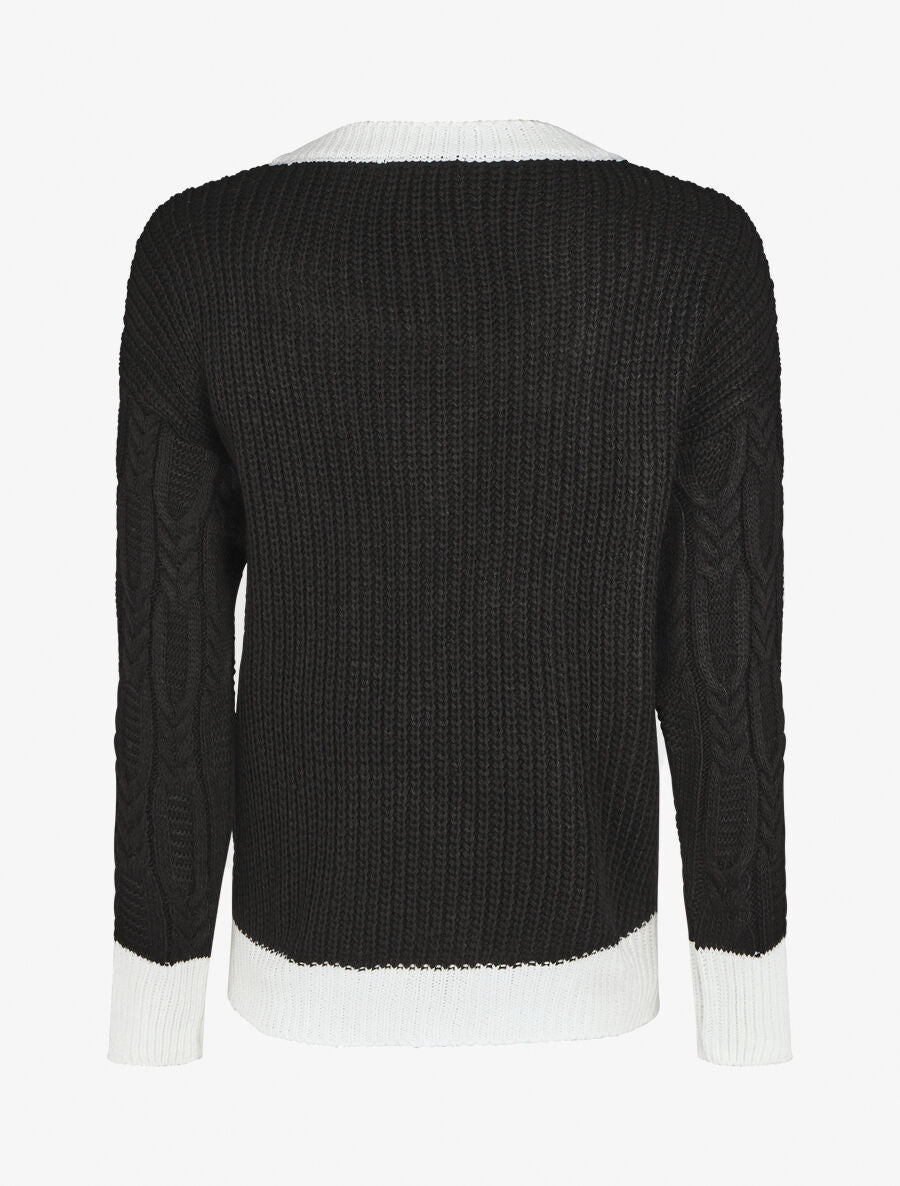 Pull droit col V en maille tressée - Noir - 2