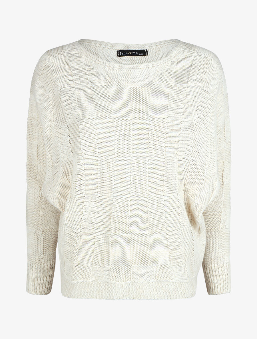 Pull droit col bateau en maille style damier - Beige - 1