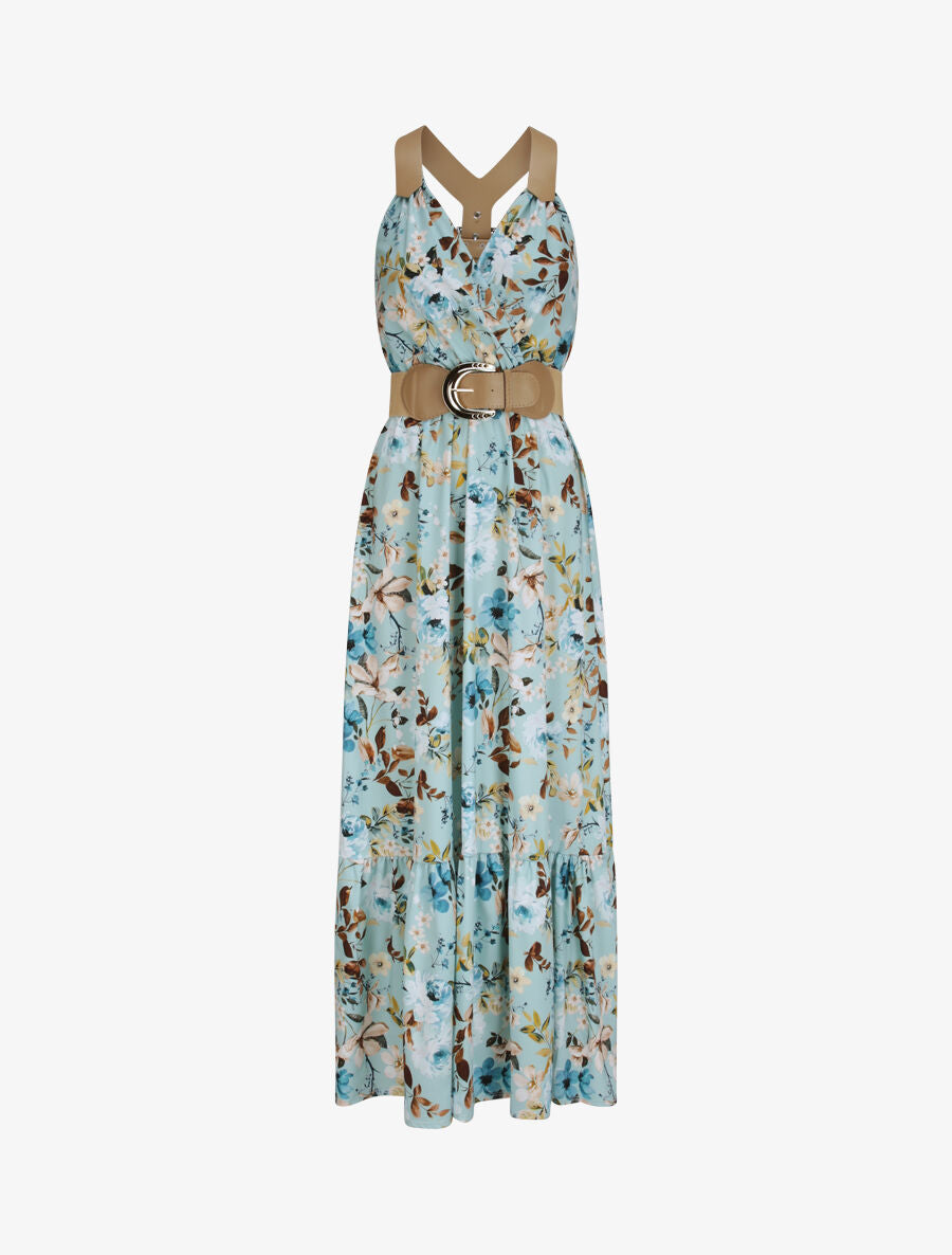 Robe longue coupe patineuse imprimé fleuri à bretelles en simili - Vert d&
