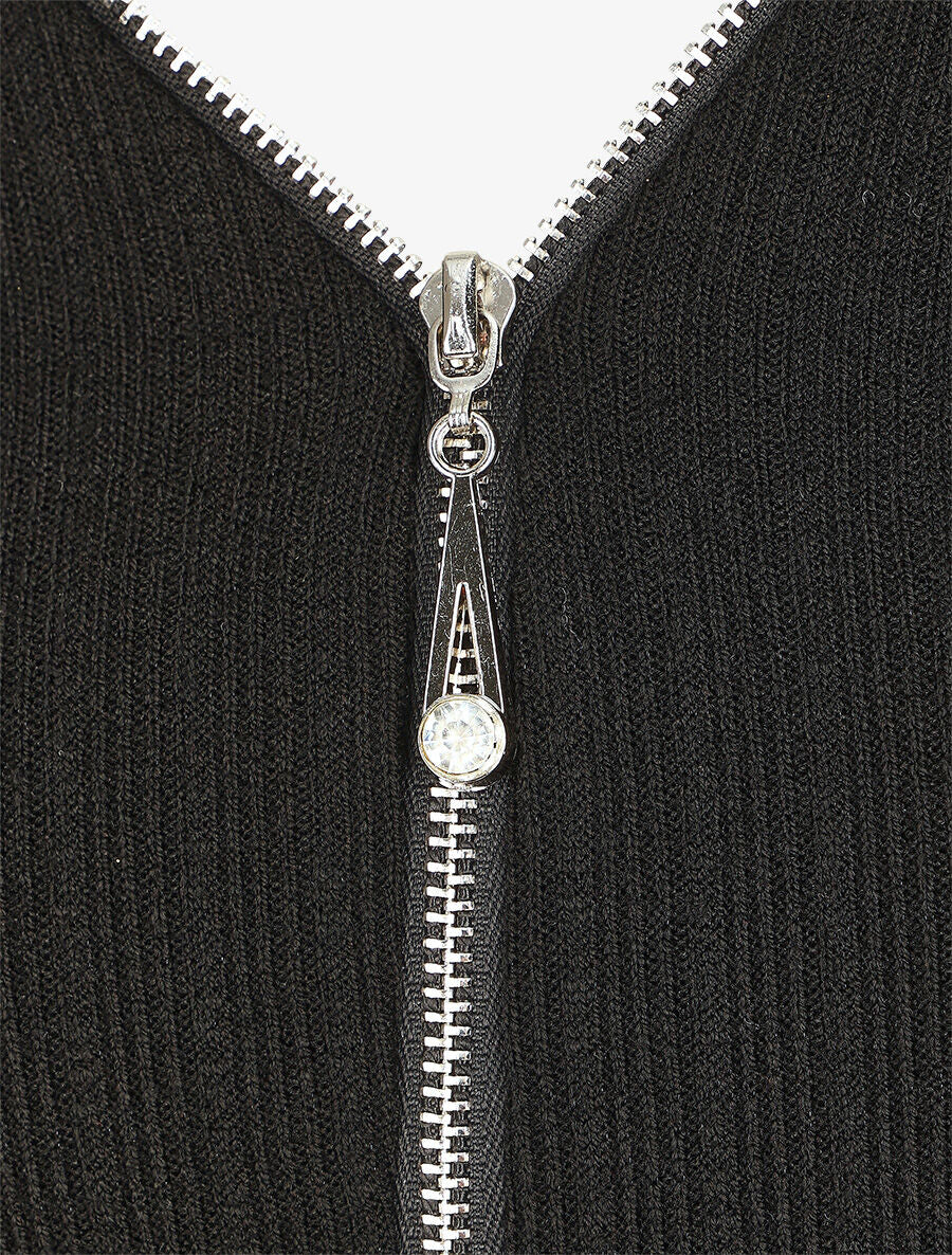 Pull fin droit et côtelé col zippé - Noir - 3