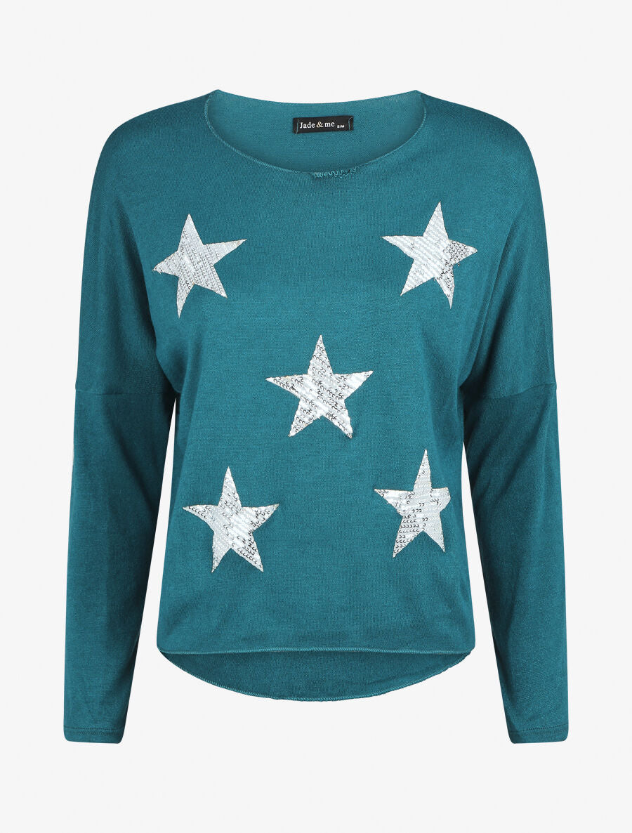 Pull ample motif étoile en sequins - Bleu canard - 1