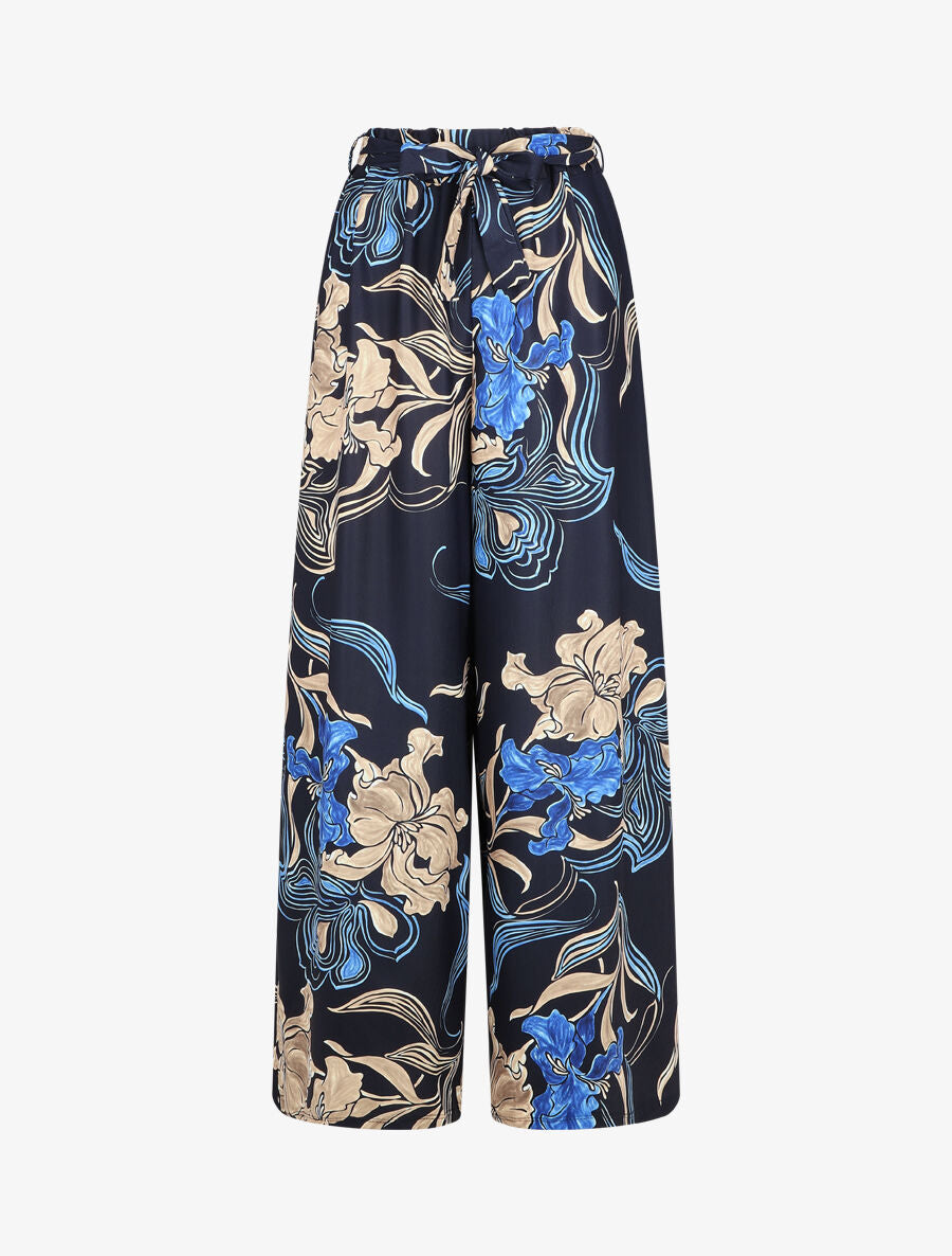 Pantalon ample taille haute imprimé floral - Marine - 1
