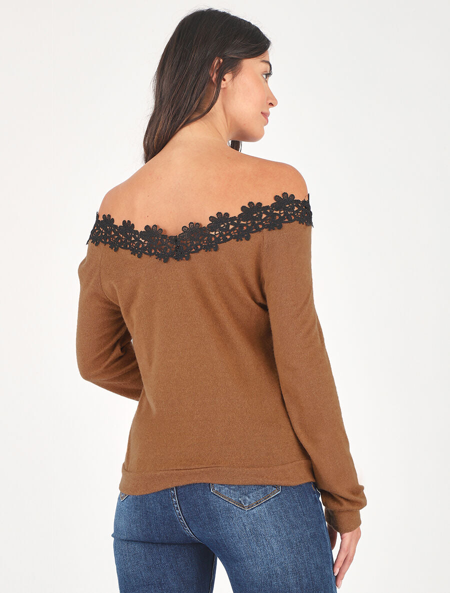 Pull fin droit col bateau en crochet - Camel - 5