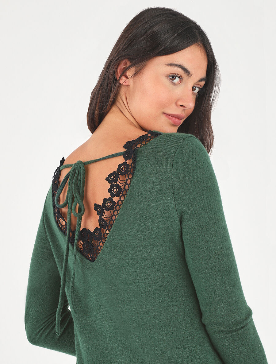 Pull fin droit dos en crochet - Vert - 6