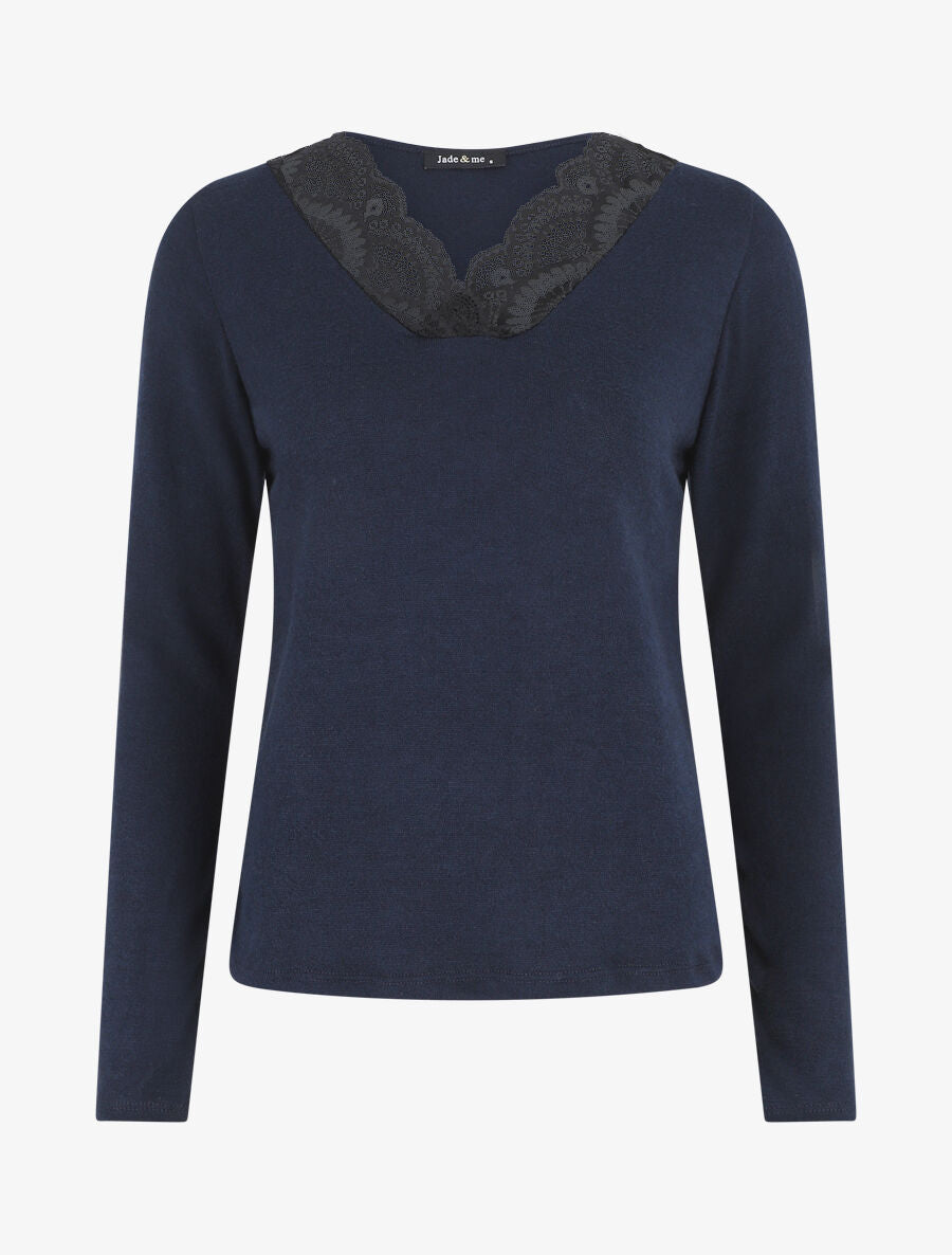 Pull droit col V en dentelle - Marine - 1