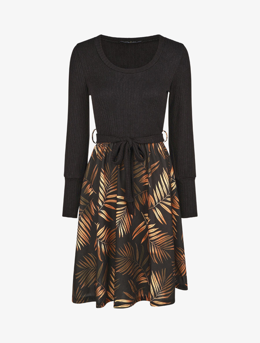 Robe mi-longue évasée imprimé feuilles - Noir - 4